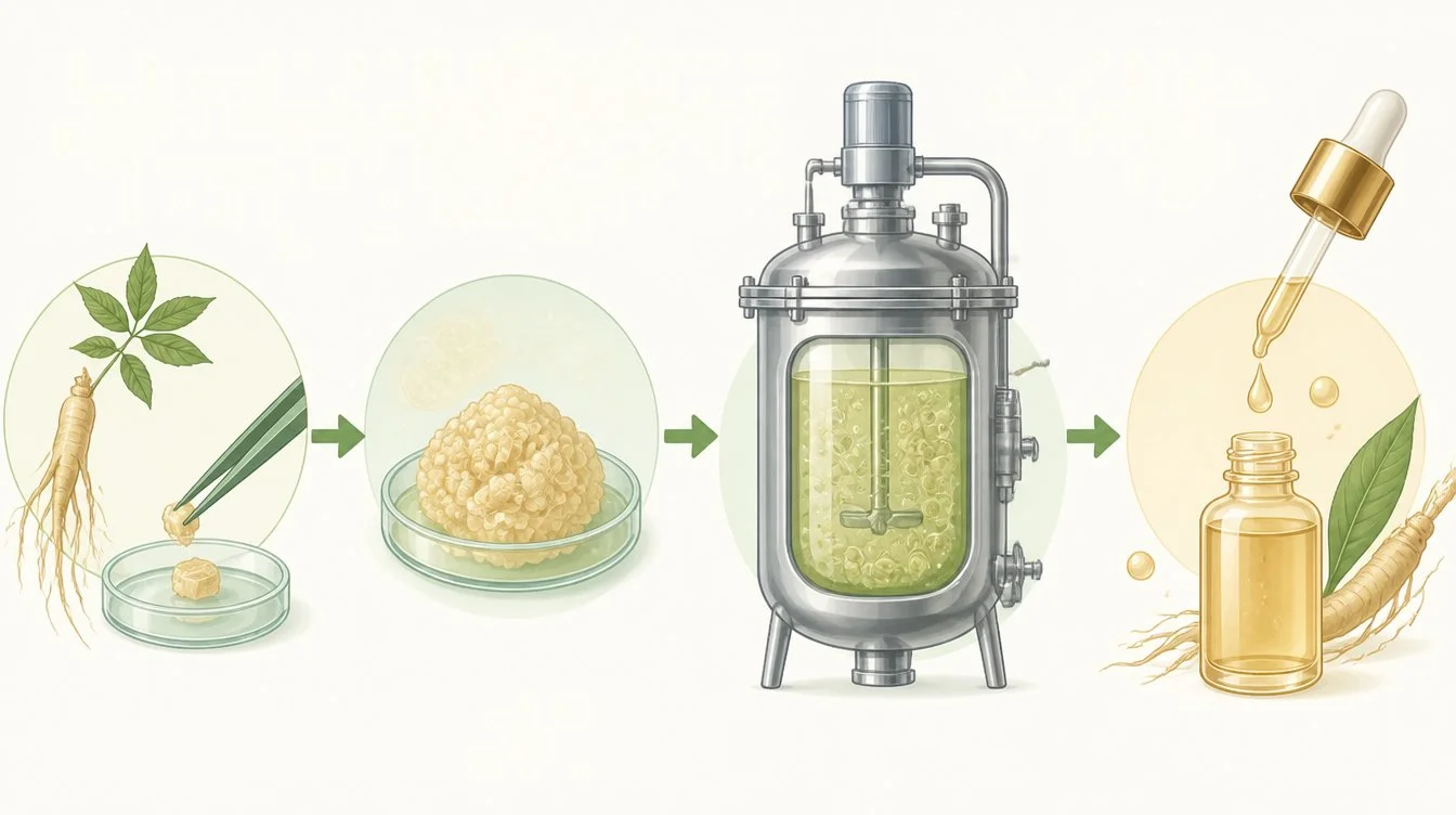 Infographic showing ginseng cell culture in a bioreactor being refined into skincare extract