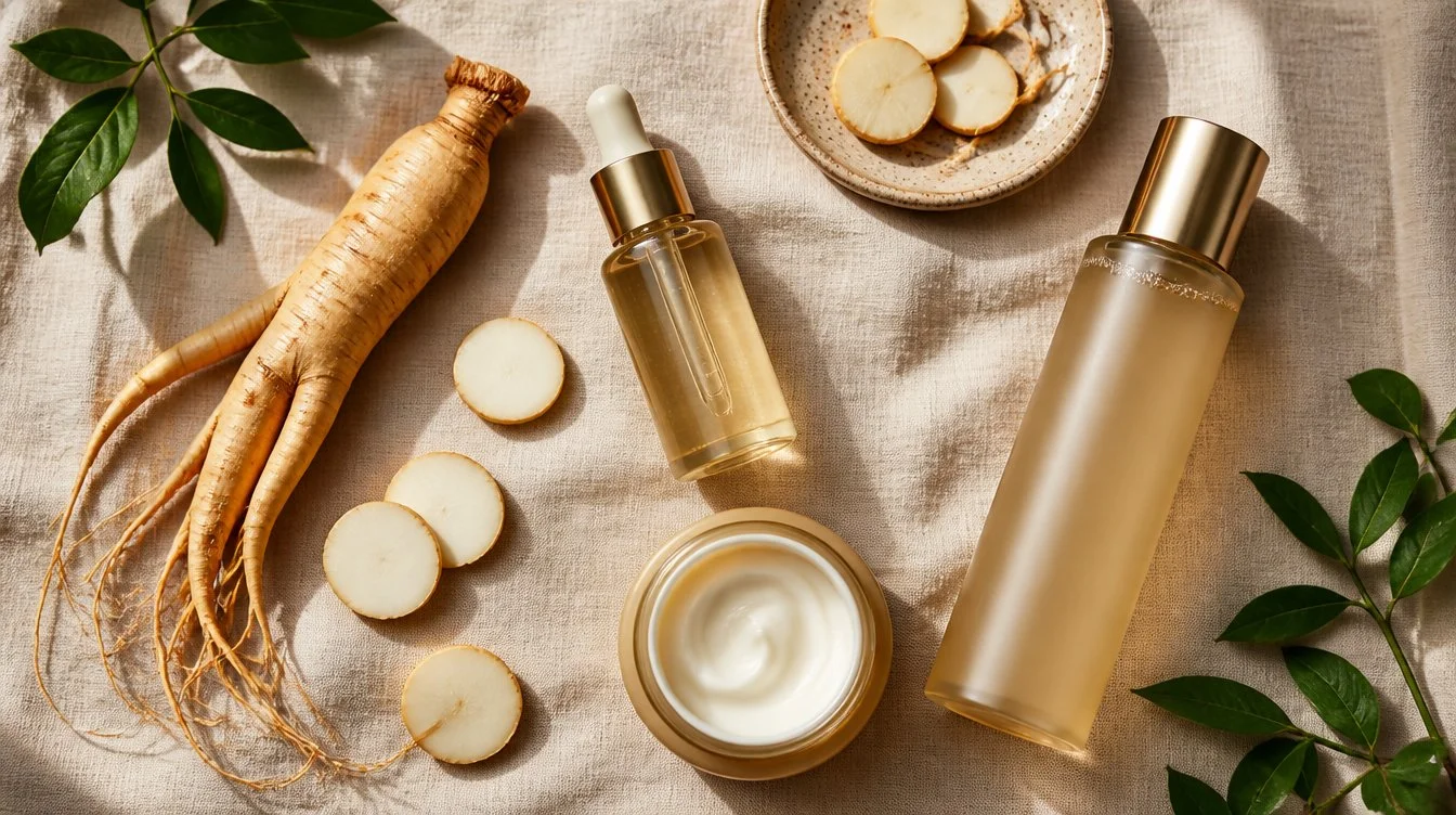 Flat lay of lab-grown ginseng skincare products with a sliced ginseng root on a linen surface