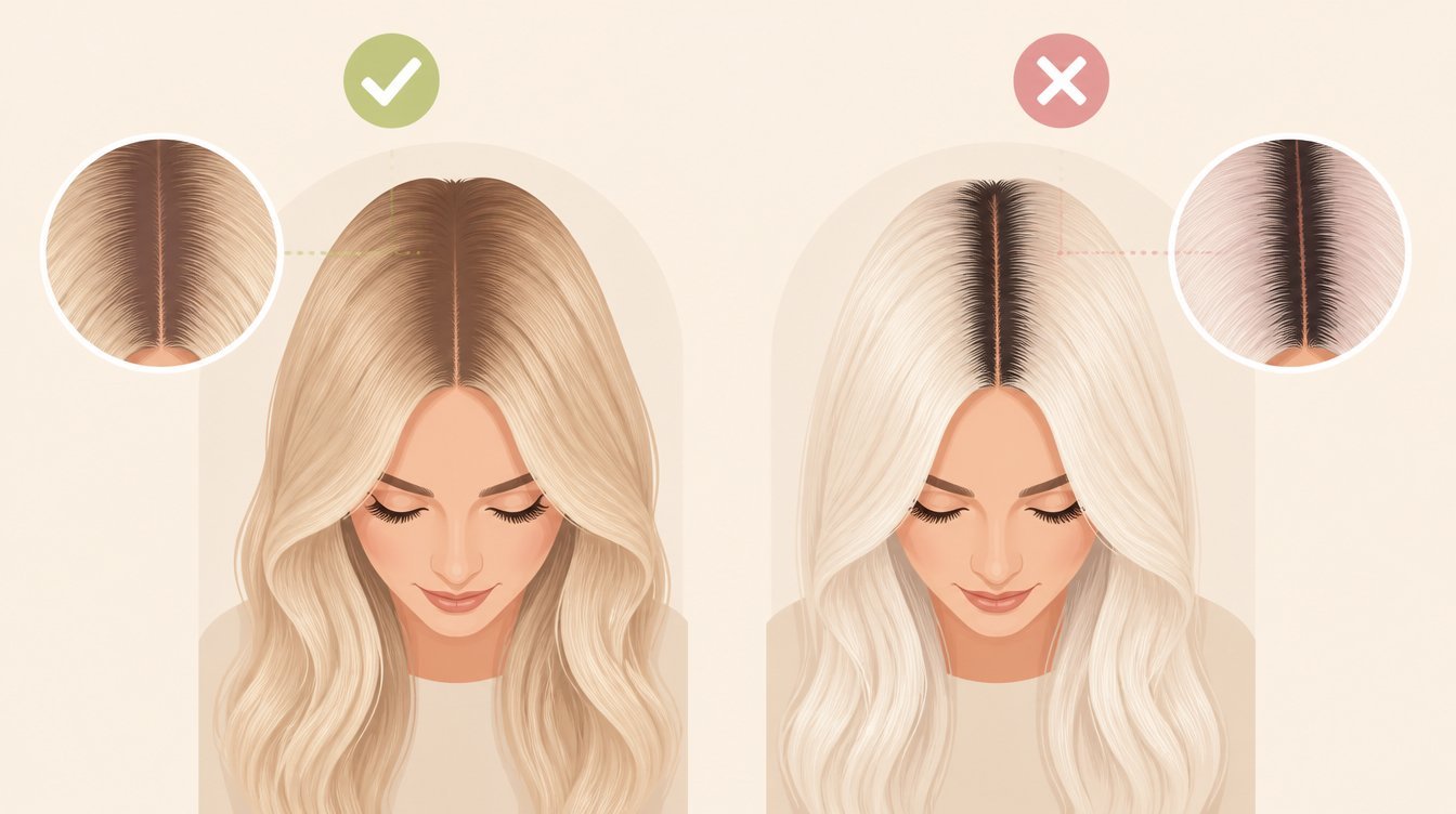 Comparison graphic showing rooted blonde grow-out beside platinum blonde regrowth line