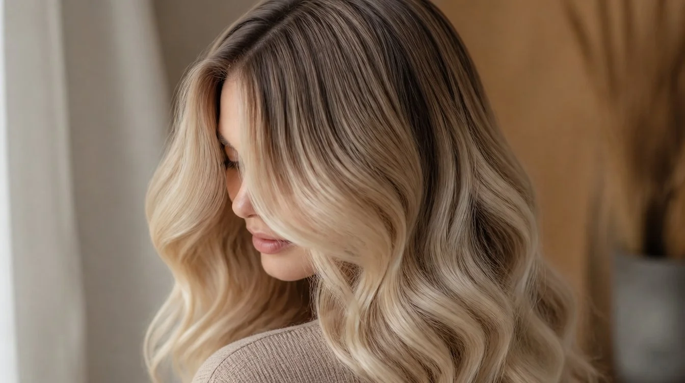 Rooted blonde hair styled in soft waves photographed in natural light