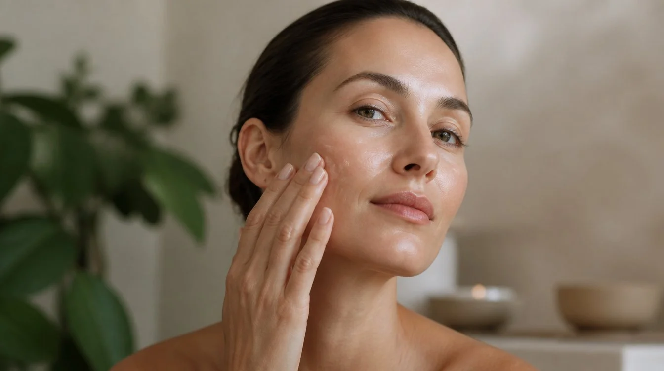 Woman applying moisturizer in soft morning light with calm healthy looking skin