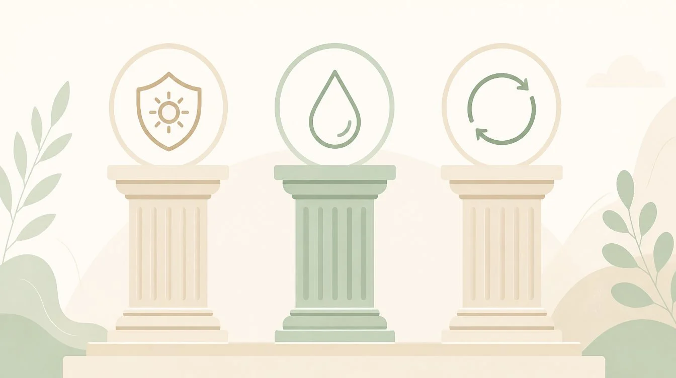 Infographic showing the three pillars of skin longevity protect maintain and repair