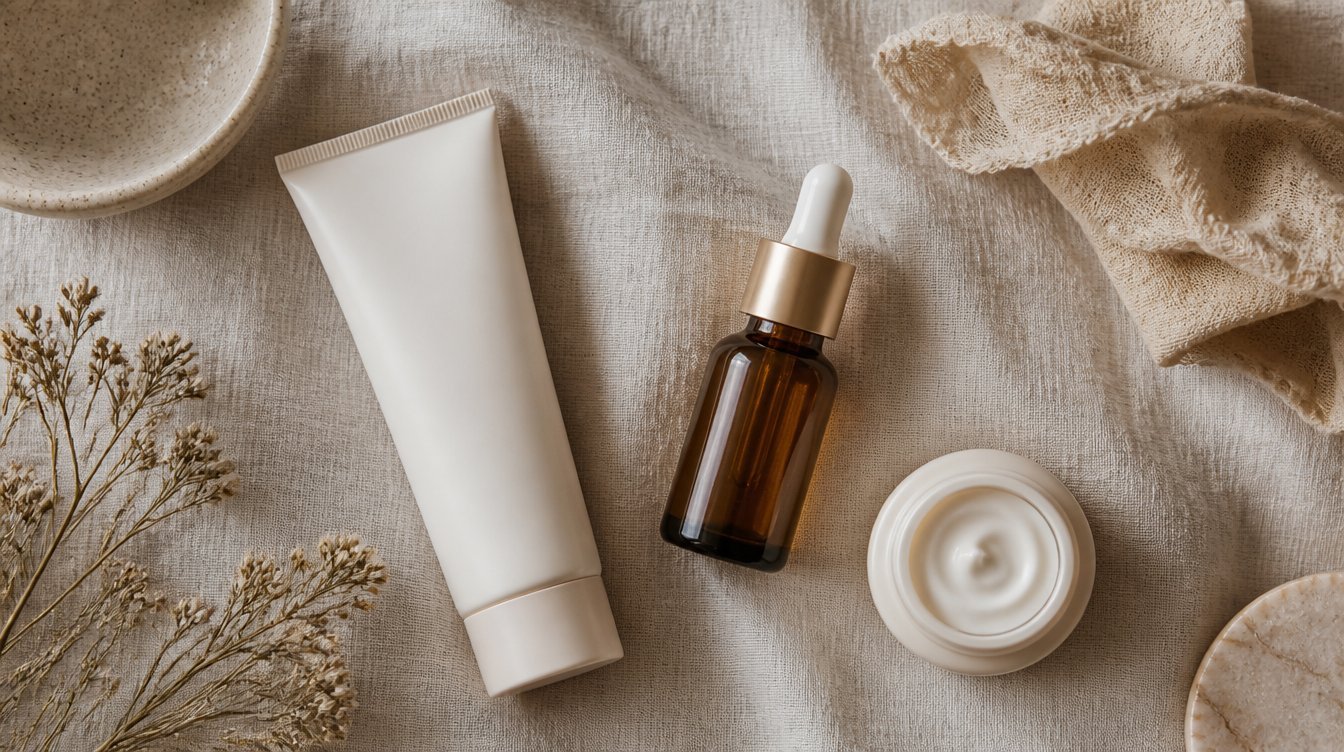 Flat lay of skin longevity essentials sunscreen retinoid serum and moisturizer on linen
